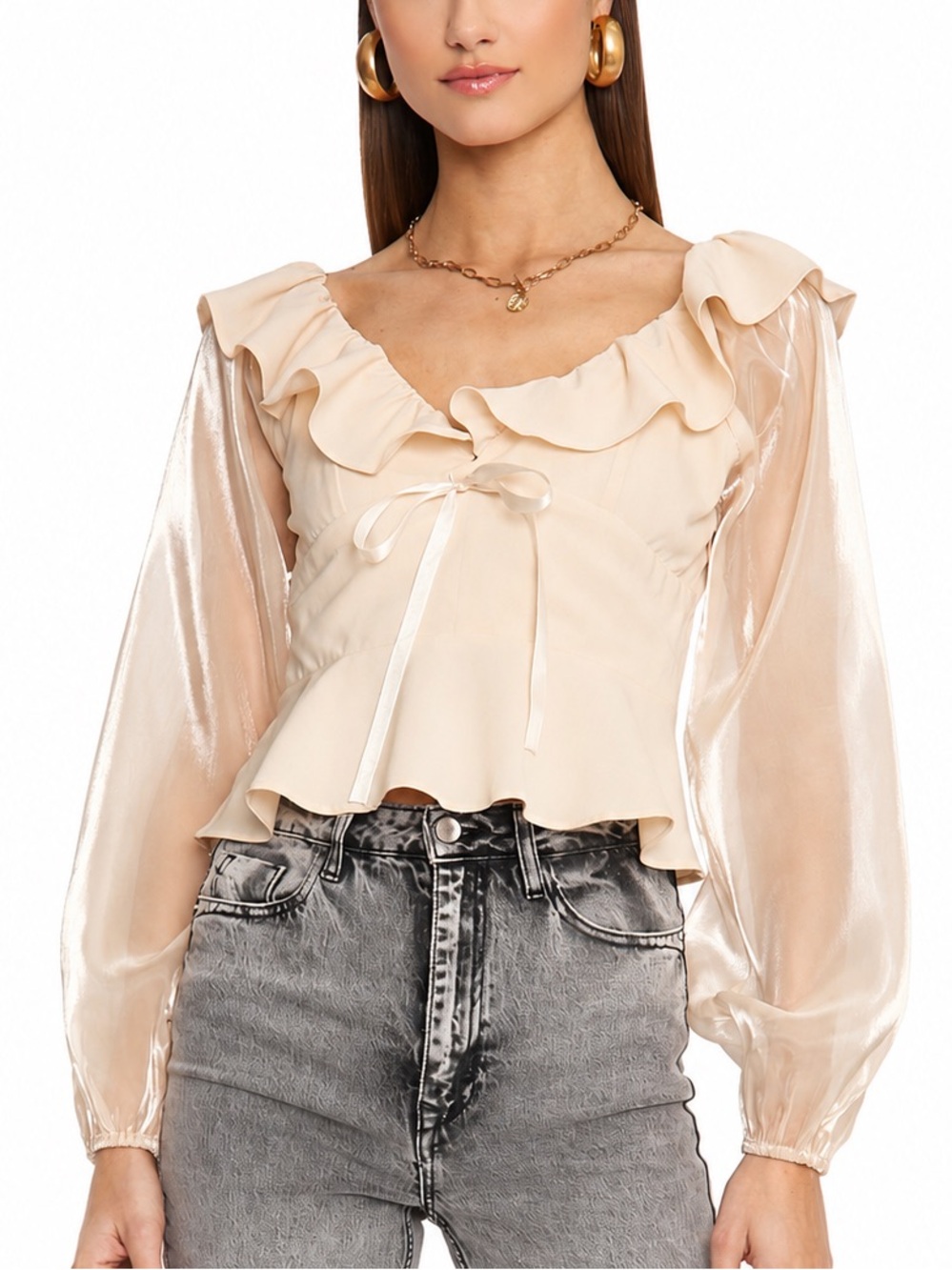 Ruffle-Neck Satin Sleeve Women's Blouse - Cream